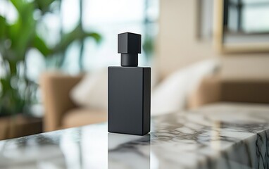 Poster - A sleek black perfume bottle elegantly showcased on a marble table in a contemporary indoor setting filled with natural light