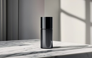 Poster - A sleek black bottle elegantly placed on a marble countertop with soft shadows and natural light illuminating its modern design