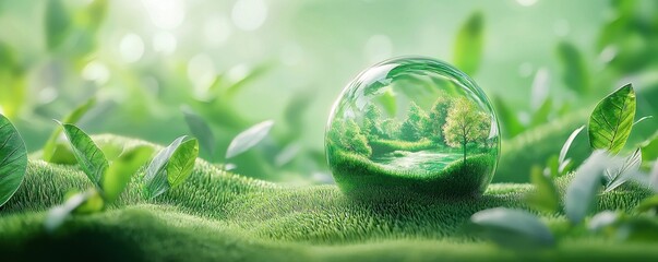 3D icon with floating grass inside a glass sphere on a green background representing nature and sustainability