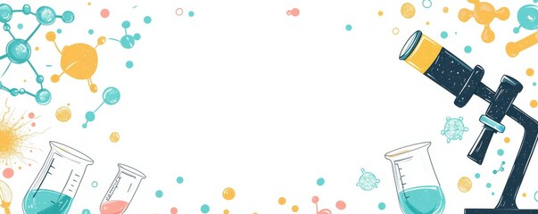 Poster - Colorful science background with telescope, magnifying glass, and mathematical symbols on a white blank page design