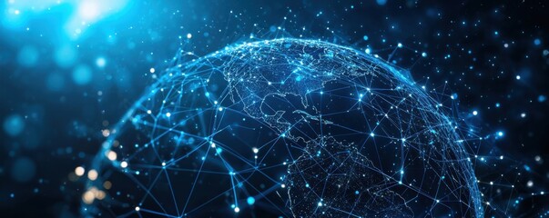 Poster - Digital globe with connected network lines on a blue background showcasing global communication in technology