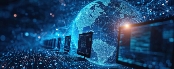 Poster - Global connectivity with digital network lines on a blue background highlighting technology and communication