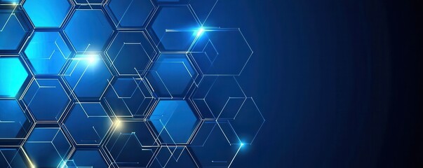 Poster - Abstract blue background with 3D hexagonal pattern and dynamic light lines creating a futuristic and modern design.