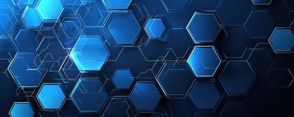 Poster - abstract blue background with interconnected light lines and glowing hexagons creating a futuristic 