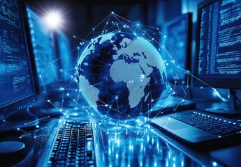 Poster - Digital Earth representation with global network connections on a blue background in a modern technological setting