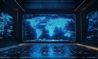 Poster - Blue digital world map displayed on a high-tech screen with glowing lights, illustrating global connectivity and advanced technology concepts