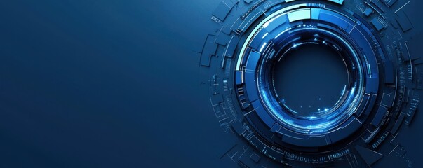 Poster - blue metallic circular shape with abstract futuristic design and glowing elements, showcasing a mode