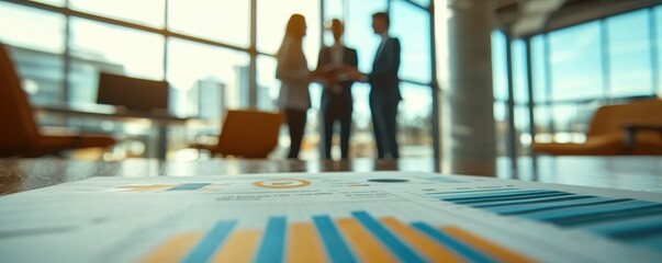 Poster - Close-up of business charts and graphs on a table with professionals discussing strategies in the background of a modern office.