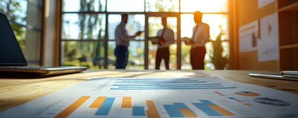 Poster - Close-up of business documents with graphs on a table in a modern office environment with construction workers