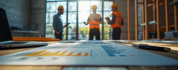Poster - Close-up of business documents with graphs and charts on a desk in a modern office during a meeting