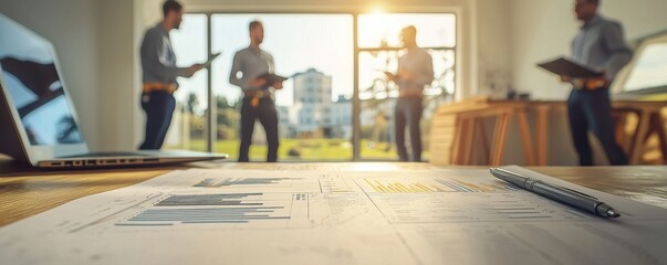 Poster - Close-up of business documents with graphs on a desk in a construction office, featuring workers in safety gear discussing project details in the background.