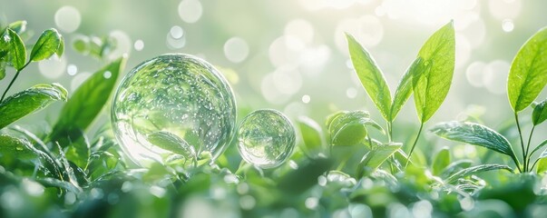Poster - Close-up of two transparent spheres floating among green leaves with sparkling light reflections in a serene natural setting