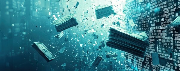 Poster - Digital illustration depicting a futuristic financial landscape with floating currency and digital codes in a blue theme