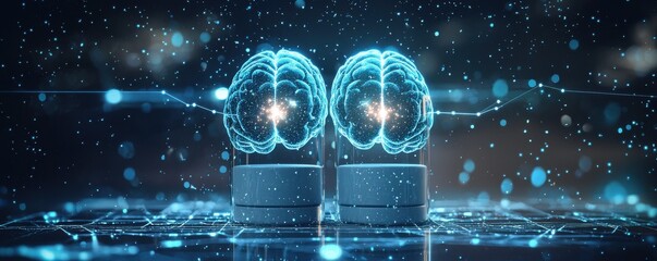 Poster - Digital illustration of a brain connected to a capsule in a futuristic networked environment