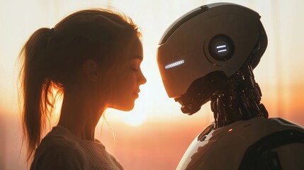 Poster - Robot-human interaction at sunset, emotional connection