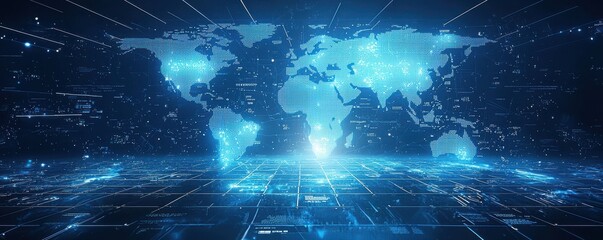 Poster - Digital world map with blue and white color scheme illustrating global connectivity and technology
