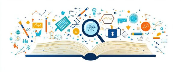 Poster - Flat  design of an open book with educational elements and stationery on a white background