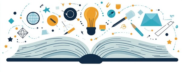 Poster - open book with floating creative icons symbolizing knowledge and learning in a flat design