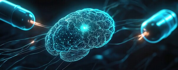 Poster - Glowing blue brain surrounded by futuristic pills symbolizing the intersection of technology and neuroscience