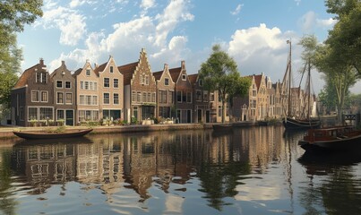 Wall Mural - A painting of a row of houses with a canal in the background. The houses are of different colors and styles, and there are several boats docked along the canal