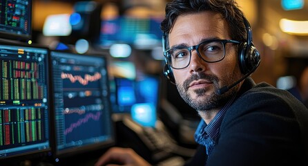 Poster - Focused male trader with headset analyzing data on multiple screens in a busy stock market office