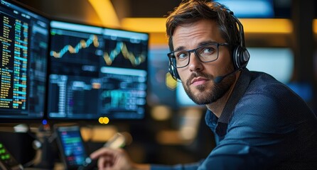 Poster - Male trader wearing a headset in a modern office environment with multiple financial screens displaying stock market data