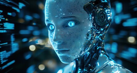 Poster - Futuristic humanoid robot with glowing blue eyes in a night cityscape setting depicting advanced artificial intelligence and technology