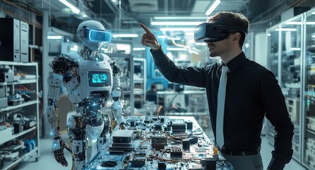 Poster - A man in a black shirt and white tie interacts with a high-tech robot in a futuristic laboratory setting