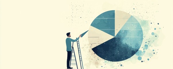 Poster - A man on a ladder reaching for a pie chart in a lush green forest setting symbolizing growth and data analysis