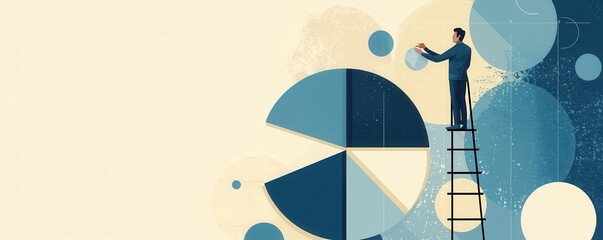Poster - A man on a ladder reaching for a pie chart in a modern conceptual illustration representing data analysis and business growth