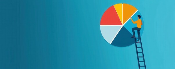 Poster - Person standing on a ladder analyzing data on a large pie chart in a conceptual illustration