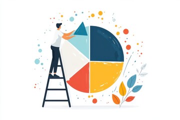 Poster - person on a ladder placing blue triangle on colorful pie chart, symbolizing growth and success in bu