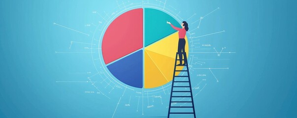 Poster - Person on ladder analyzing large pie chart for data insights and business strategy on teal background