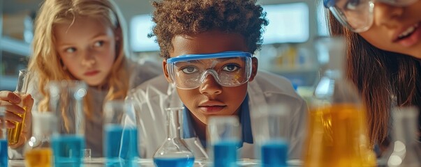 Poster - Curious young scientists exploring science experiments in a laboratory setting with colorful liquid-filled beakers and protective goggles