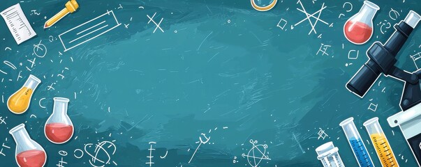 Poster - Science-themed educational template with laboratory equipment and chalkboard drawings for a creative school background