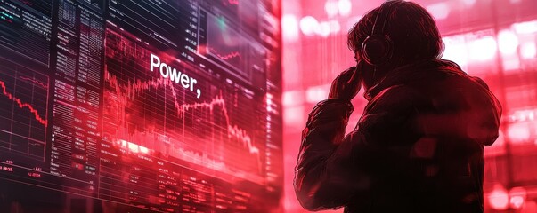 Poster - Stock market analysis with futuristic digital display showing financial graphs and data insights in vibrant colors
