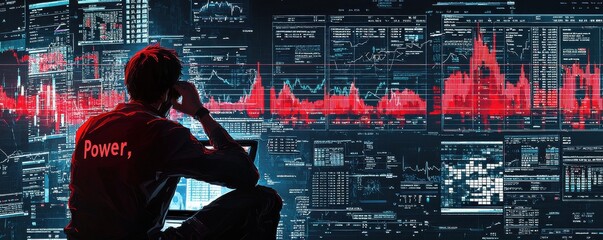 Poster - Stock market trader observing digital stock charts on large monitors showcasing economic data and analytics