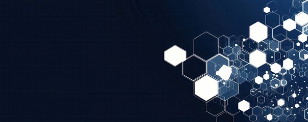 Abstract  graphic design with an array of blue and white hexagons on a dark background, perfect for technology or modern presentations