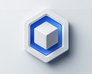 Poster - Modern white and blue hexagonal app icon design with layered geometric shapes on a light background