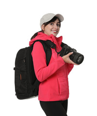 Poster - Photographer with backpack and camera on white background