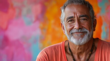 Poster - Portrait of a smiling senior man with a gray beard against a colorful blurred background.