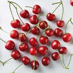 A bunch of red cherries with green stems, neatly arranged in the middle of a white background