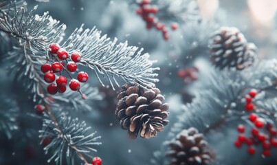 Fir branches dusted with snow, with red berries and pinecones peeking through