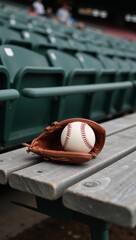 Baseball glove  ball resting on a bench amidst blurry stadium seats