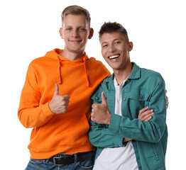 Poster - Two young brothers showing thumbs up on white background