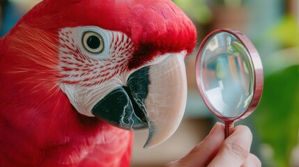 Sticker - A close up of a parrot looking through the magnifying glass, AI