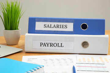 Sticker - Payroll. Folders, charts and notebook on wooden table, closeup