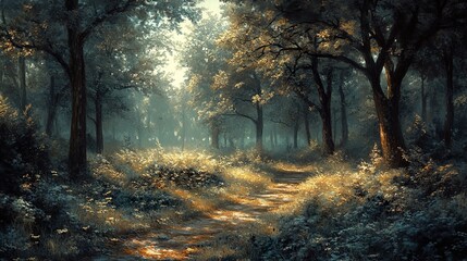 Sticker - Enchanted Forest Path: A Sunlit Woodland Scene