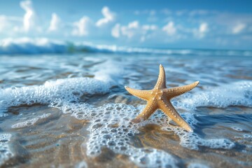 A starfish is laying on the sand in the ocean