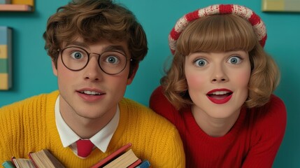 Poster - A man and woman in yellow sweaters with glasses holding books, AI